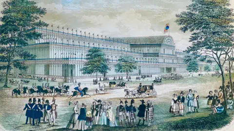 Anglia Ruskin University Stock illustration of the Great Exhibition of 1851 showing people in Victorian dress standing on grass outside the Crystal Palace